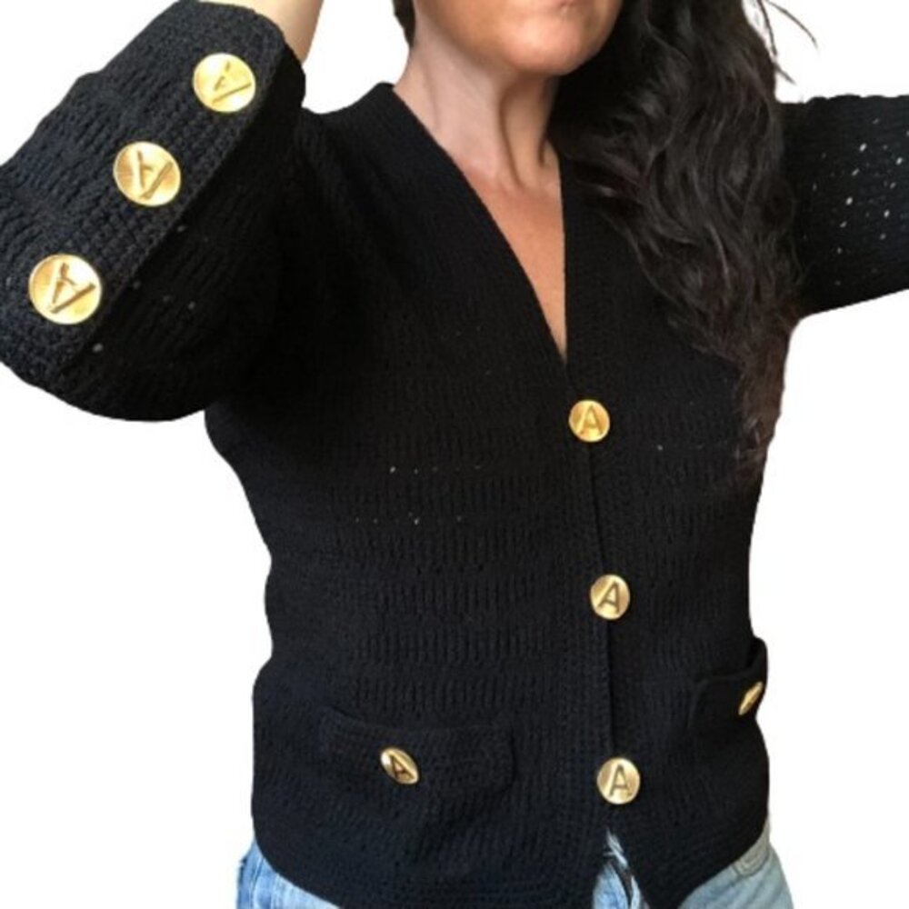Vtg 70s ADOLFO New York Gold A Button Pointelle Knit ILGWU USA Cardigan Blazer